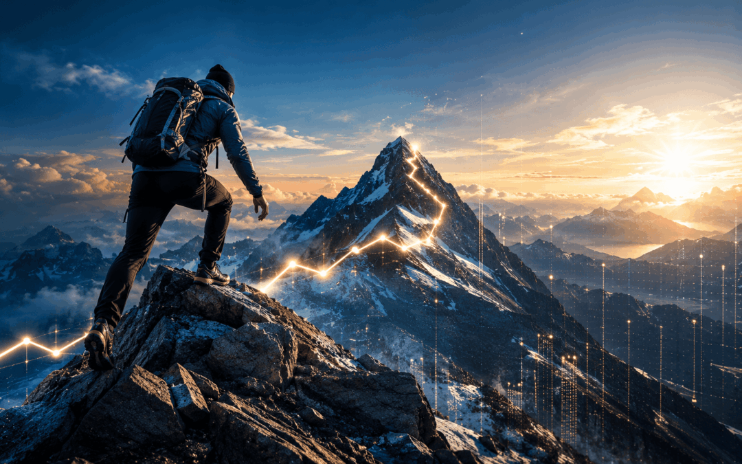Alpiniste gravissant un sommet de montagne dans un paysage futuriste, symbolisant la progression, la performance durable et l’atteinte d’objectifs d’investissement à long terme.