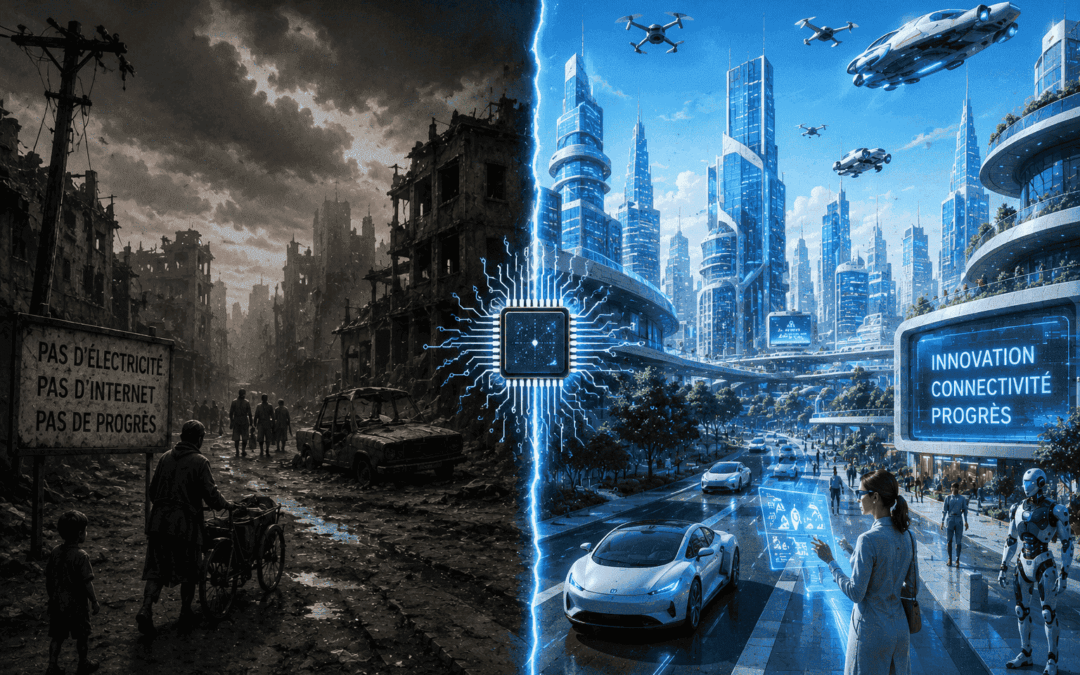 Illustration futuriste d’une ville divisée entre chaos technologique et ville intelligente, pour représenter l’importance des semi-conducteurs dans l’économie moderne.