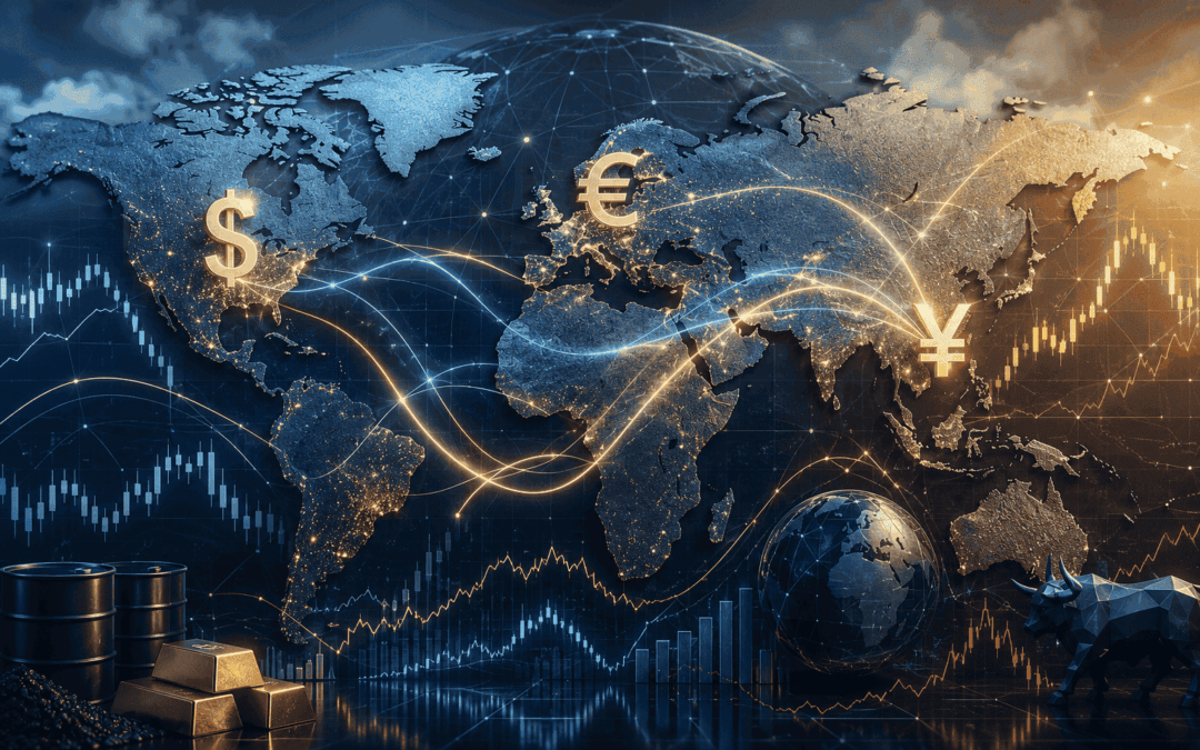 Carte du monde avec flux financiers illustrant la stratégie Global Macro et l'investissement alternatif via l'assurance-vie en 2026.