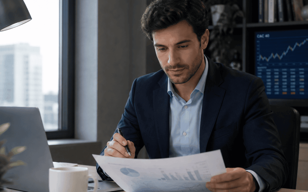 Conseiller en gestion de patrimoine présentant une stratégie Long Short à un couple dans le cadre d'une assurance vie