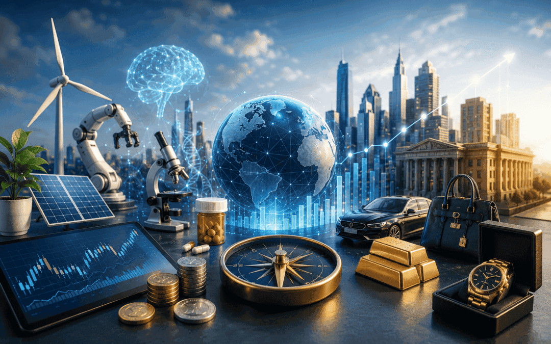 Les meilleurs placements en 2026 : illustration représentant les grandes tendances d'investissement comme l'intelligence artificielle, le luxe, la santé, les infrastructures et les marchés financiers.