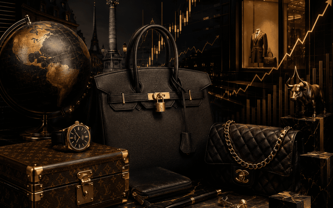 Sacs et accessoires de luxe symbolisant l'investissement dans le secteur du luxe en 2026.
