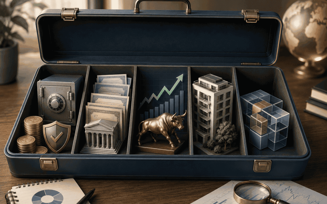 Différents supports disponibles dans une assurance-vie : fonds en euros, obligations, actions, immobilier et produits structurés
