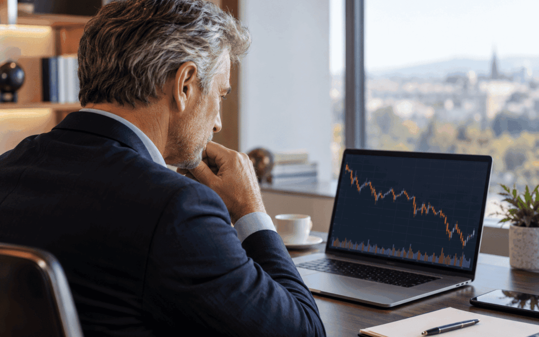 Investisseur observant la baisse temporaire de son portefeuille financier sur un écran.