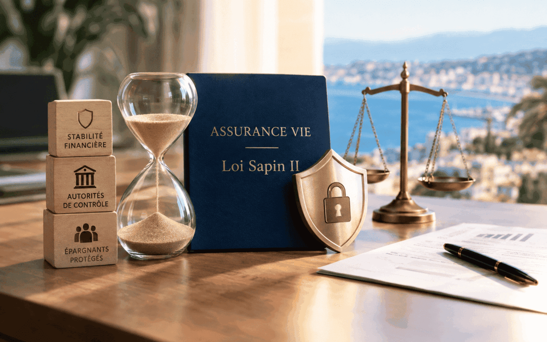 Assurance vie et loi Sapin 2 : dossier bleu, sablier, bouclier et balance de justice symbolisant le blocage temporaire des rachats et la protection des épargnants.