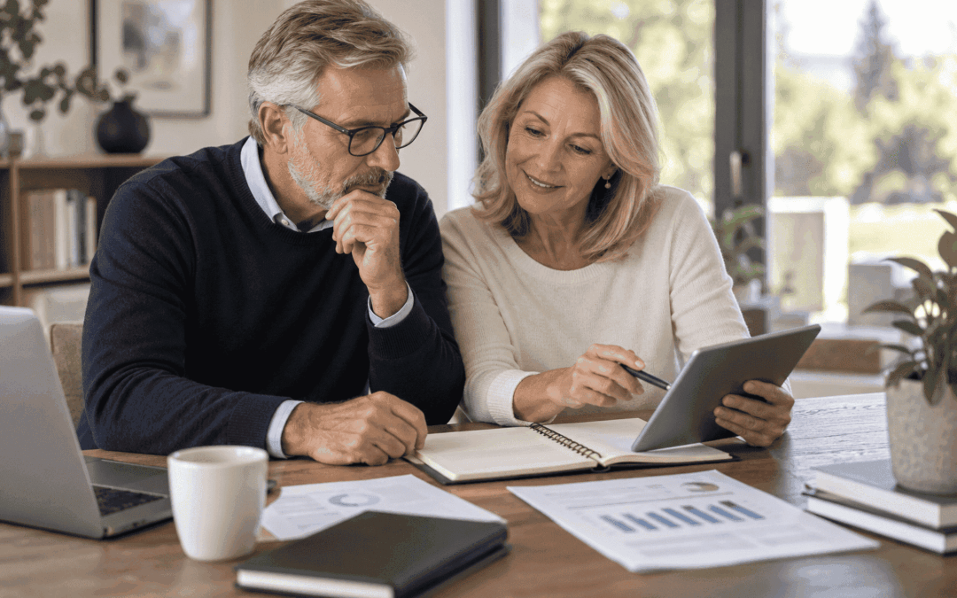 Couple préparant ses revenus de retraite avec un calendrier et des documents financiers